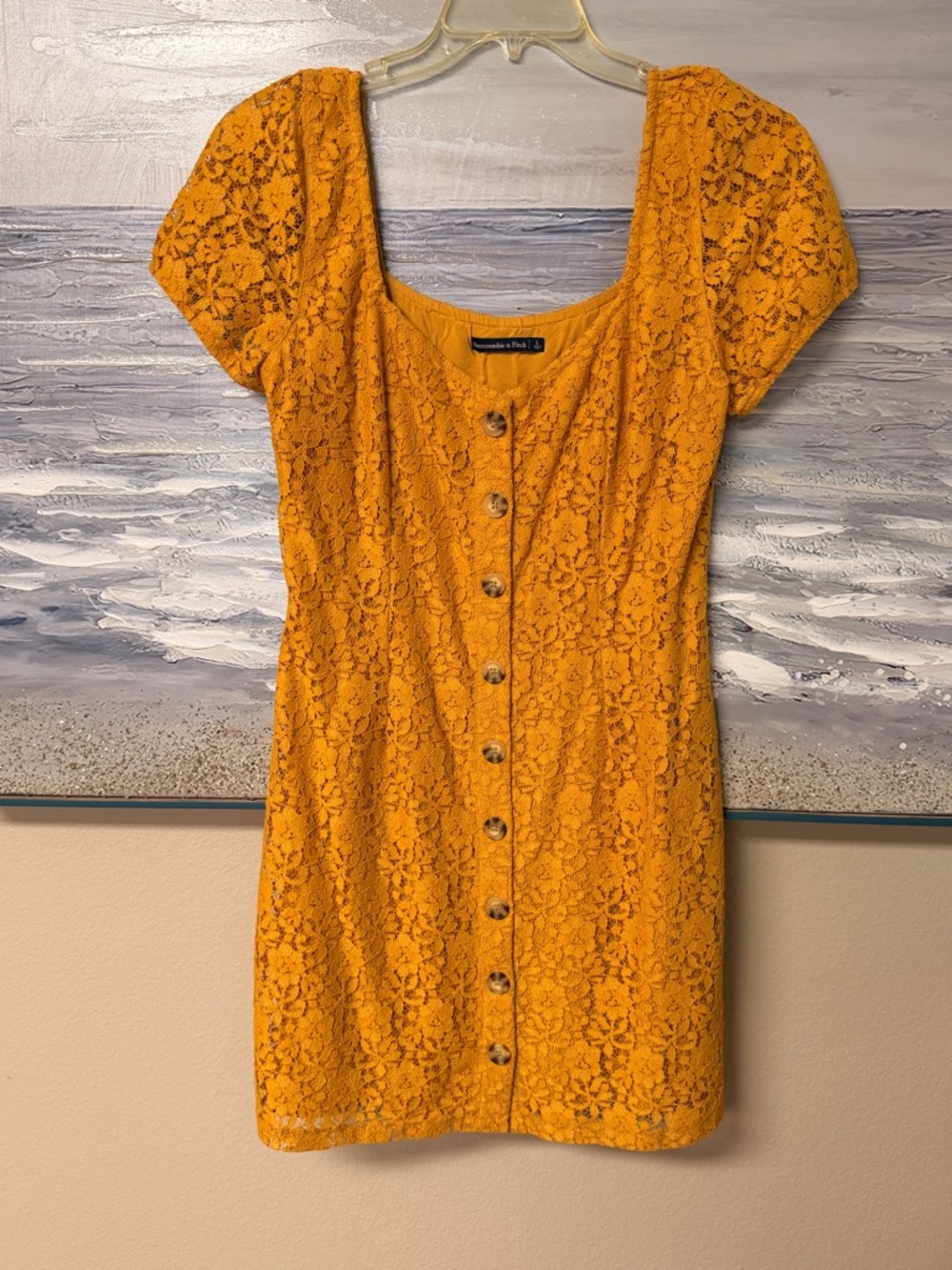 Abercrombie & Fitch Women Size Large Mustard Yellow Lace Button-Front Mini Dress